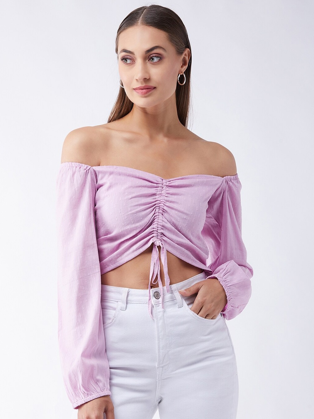 

MAGRE Lavender Off-Shoulder Ruched Front Tie Up Bardot Pure Cotton Crop Top