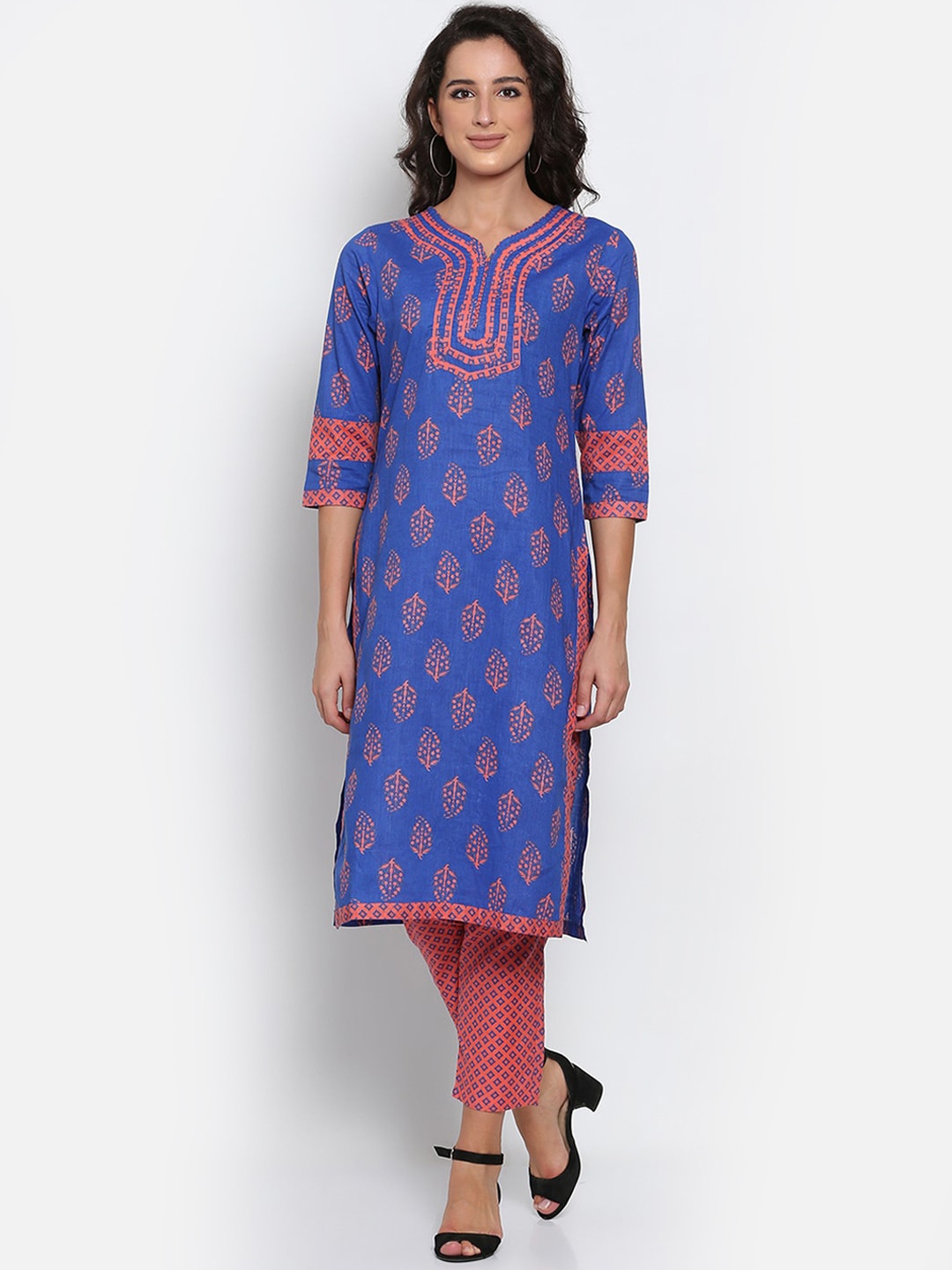 

MARC LOUIS Women Blue & Orange Ethnic Motifs Printed Pure Cotton Kurta With Trousers