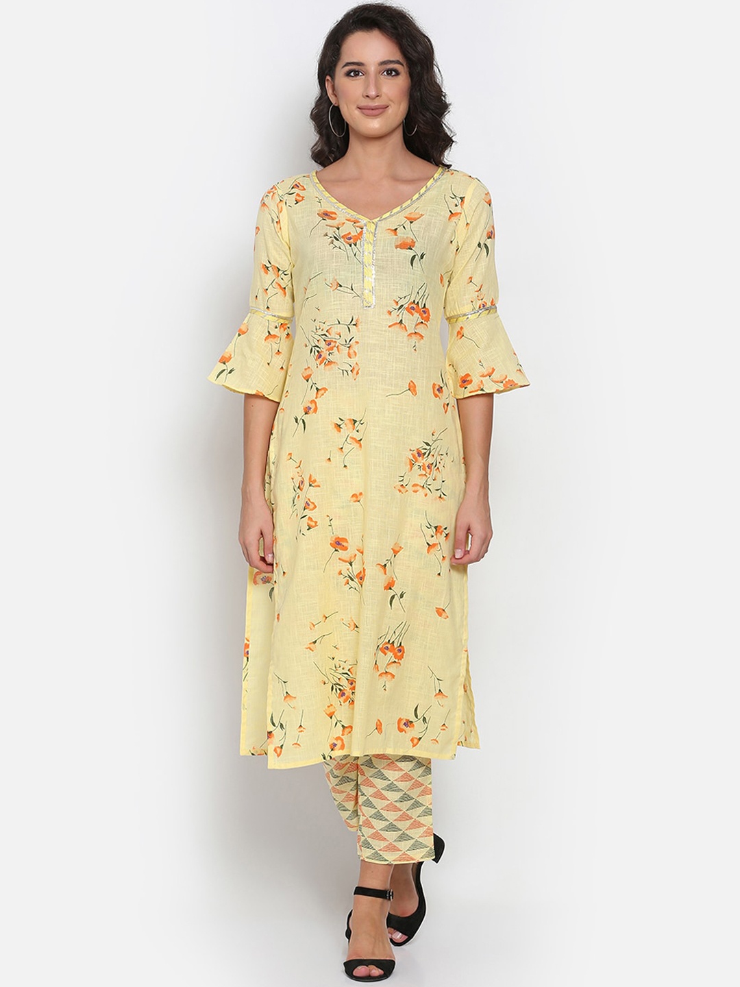 

MARC LOUIS Women Yellow & Orange Floral Printed Panelled Pure Cotton Kurta With Trousers