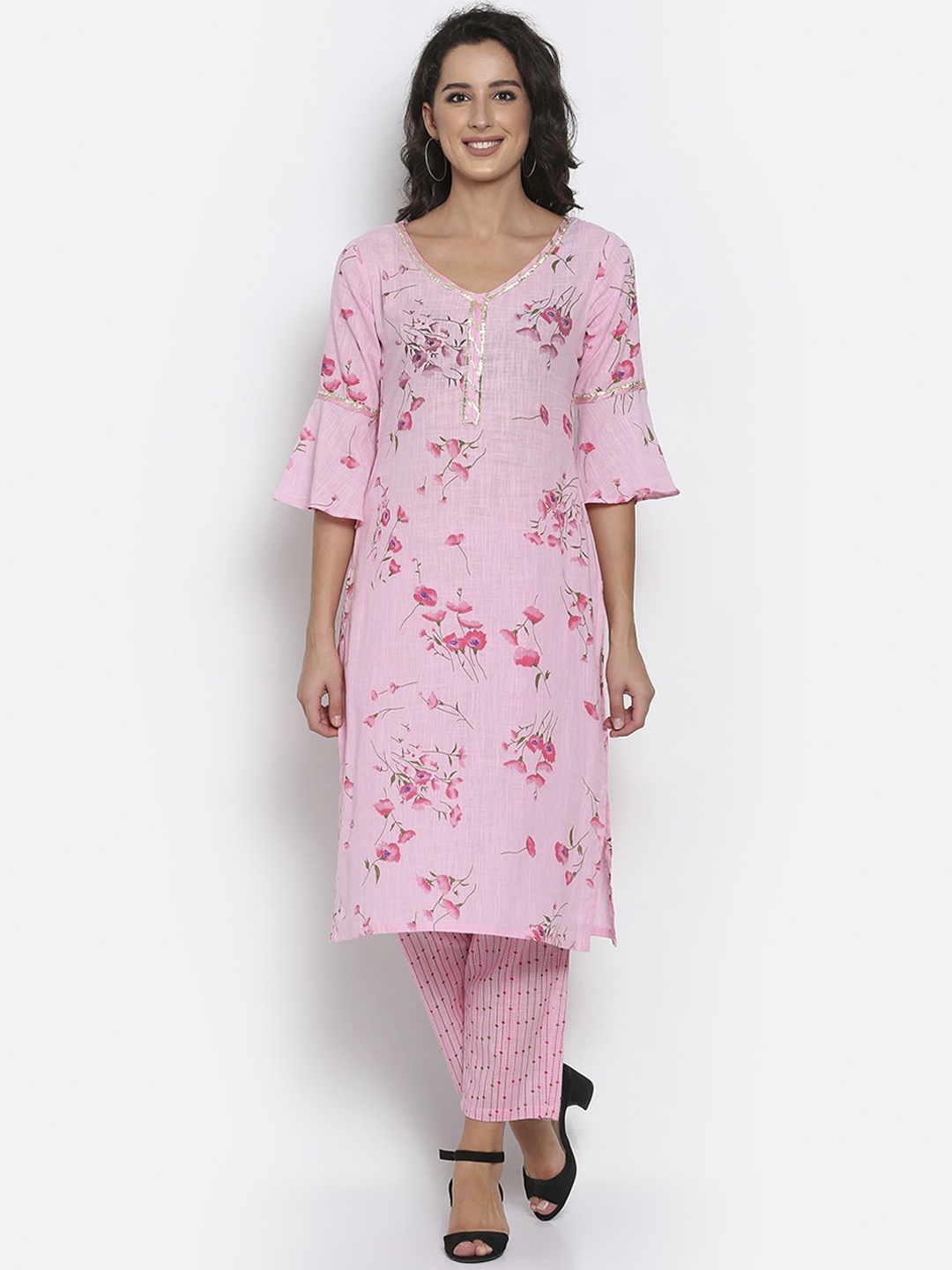 

MARC LOUIS Women Pink Floral Printed Regular Pure Cotton Kurta with Trousers