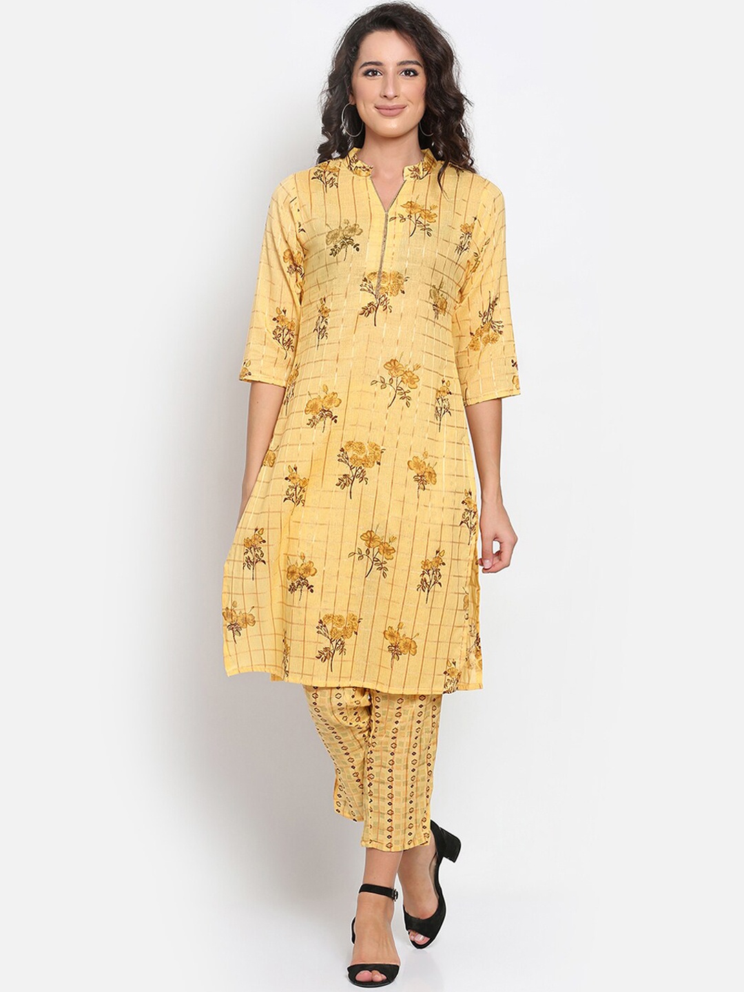 

MARC LOUIS Women Yellow & Pink Floral Printed Regular Pure Cotton Kurta With Trousers