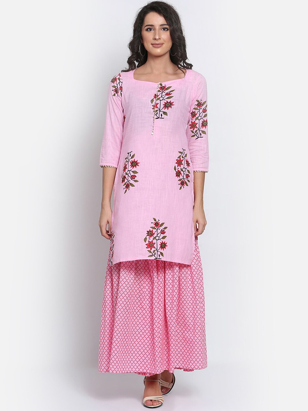 

MARC LOUIS Women Pink Floral Printed Regular Pure Cotton Kurta with Sharara