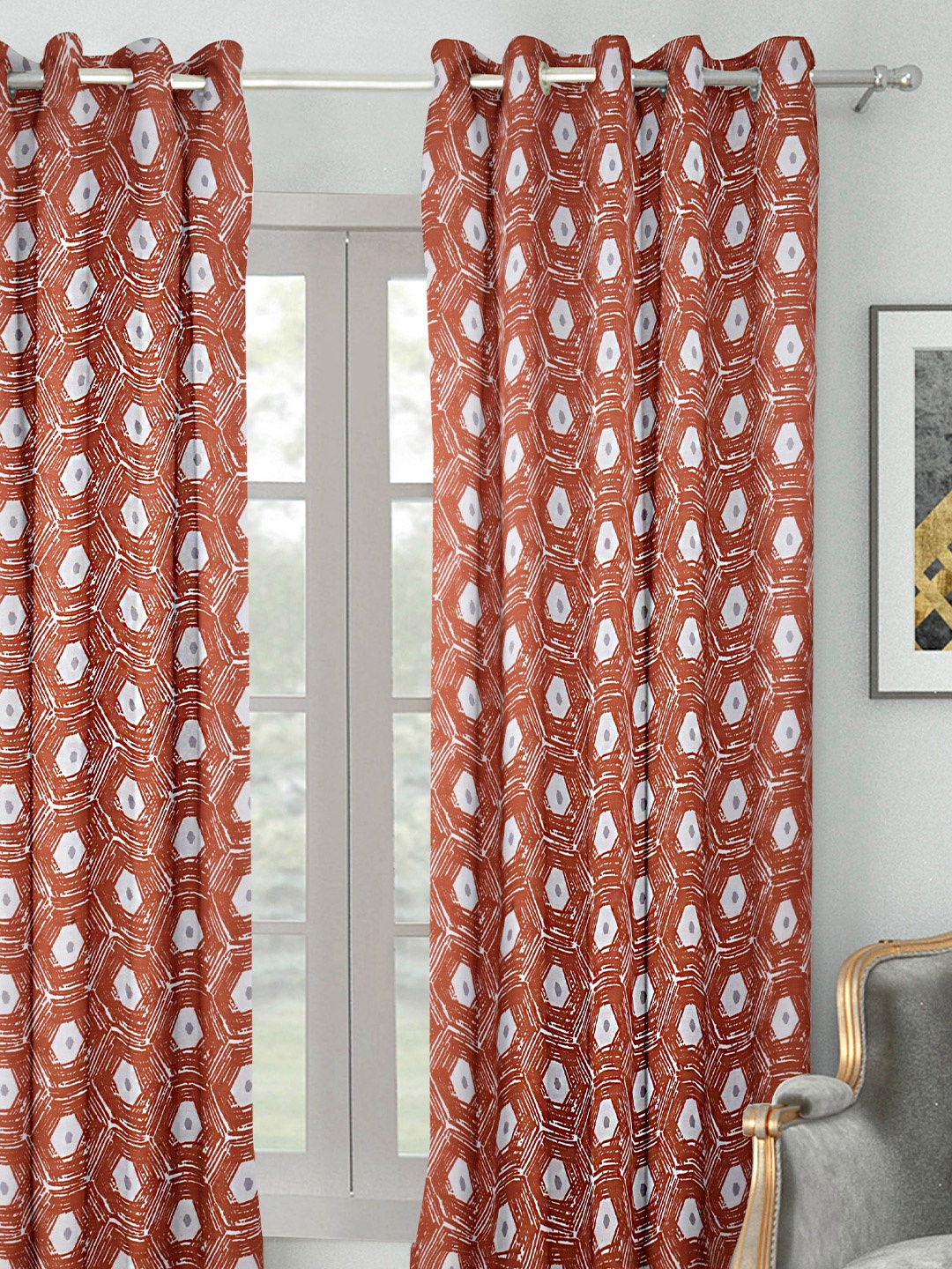 

HOUZZCODE Brown & White Geometric Black Out Window Curtain