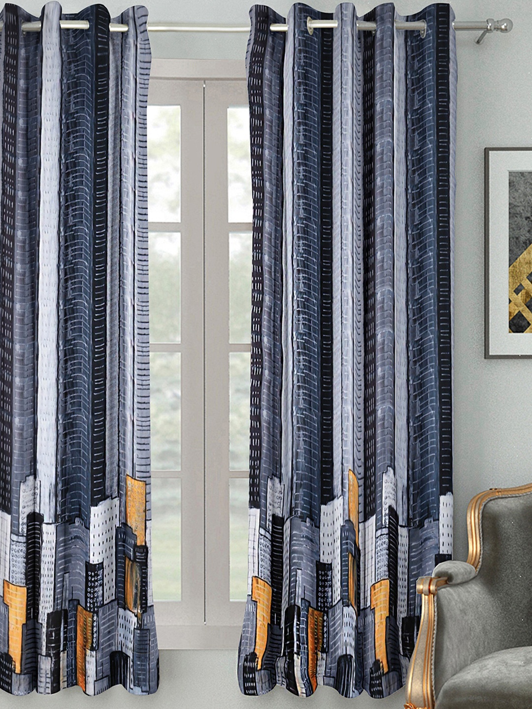 

HOUZZCODE Blue & Black Printed Black Out Window Curtain