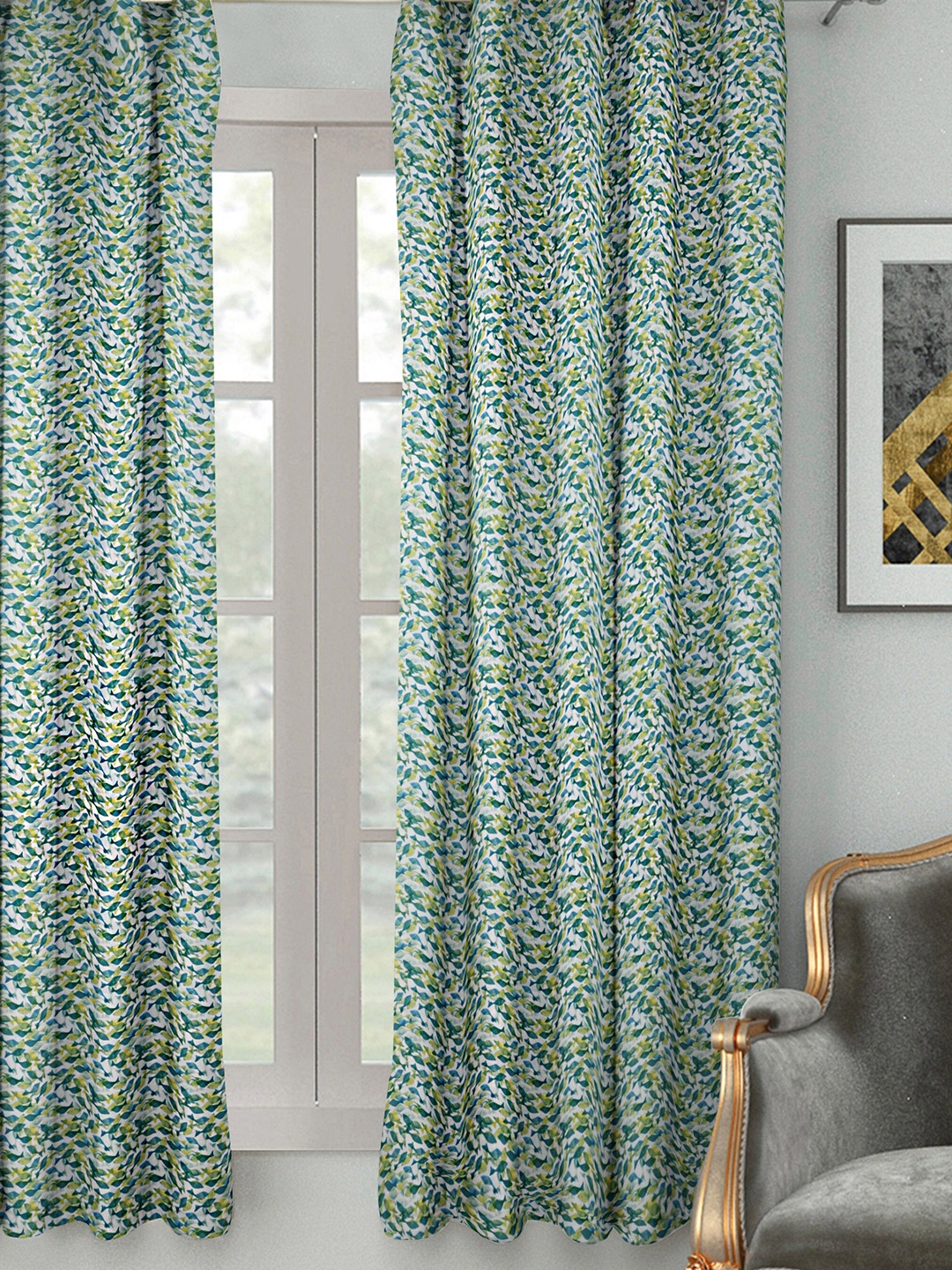 

HOUZZCODE Green & White Printed Black Out Window Curtain