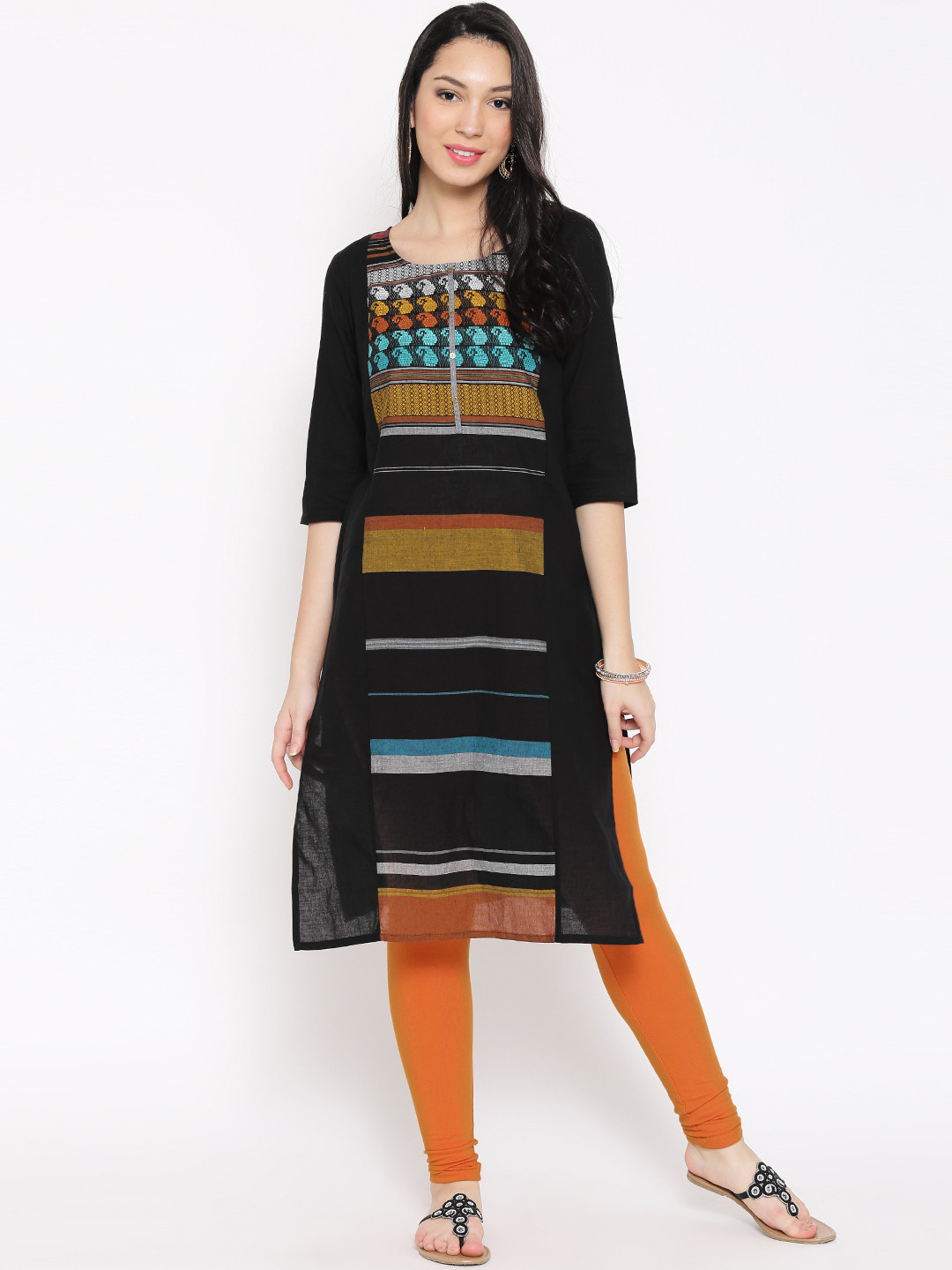 

AURELIA Women Black Woven Design Straight Kurta