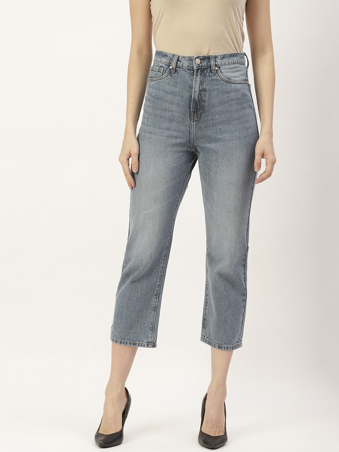 ELLE Women Blue Heavy Fade Cropped Jeans