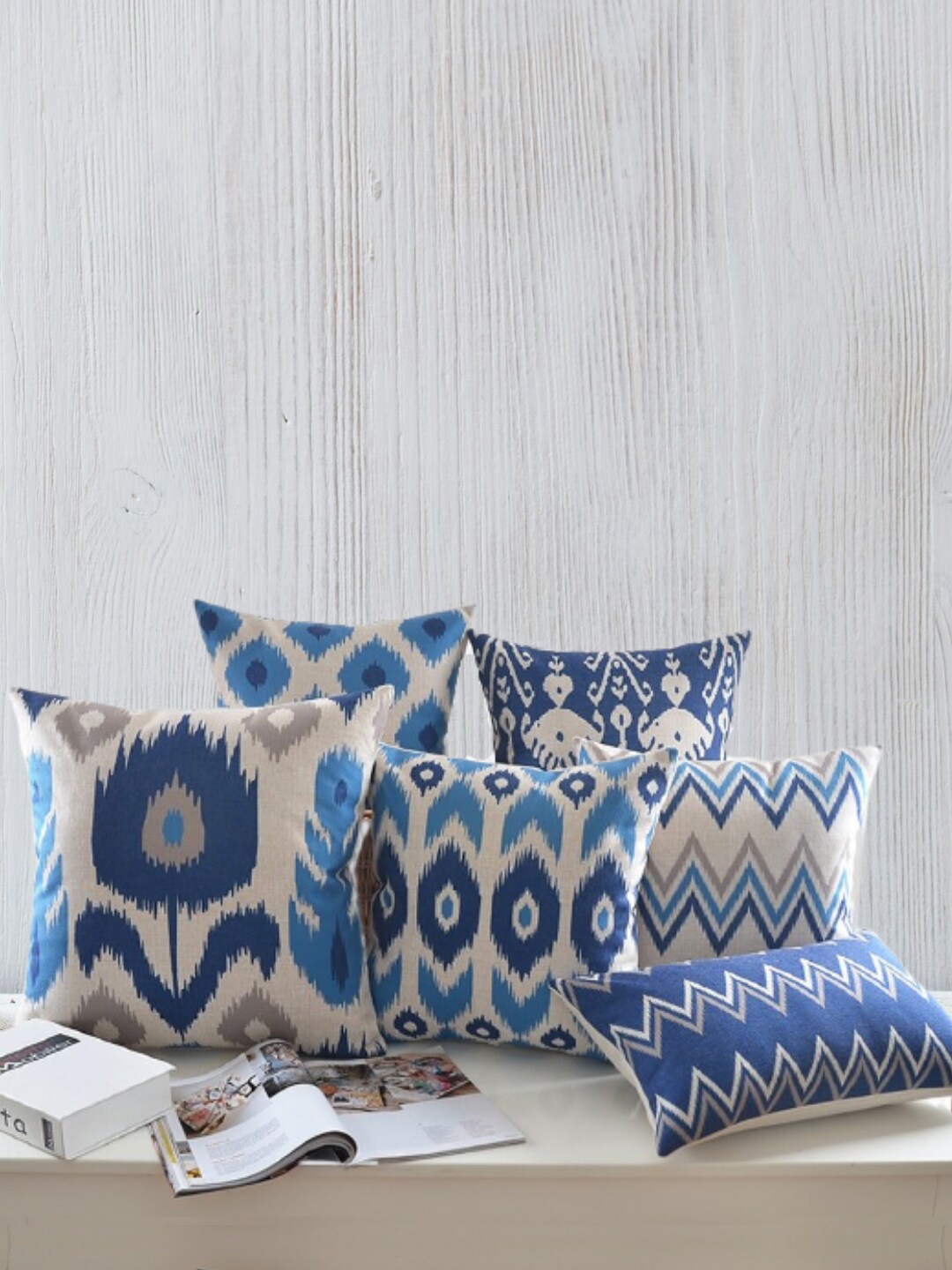 

MODERN HOMES Indigo Blue Set Of 6 Abstract Ikat Print Cotton Cushion Covers and Sham set