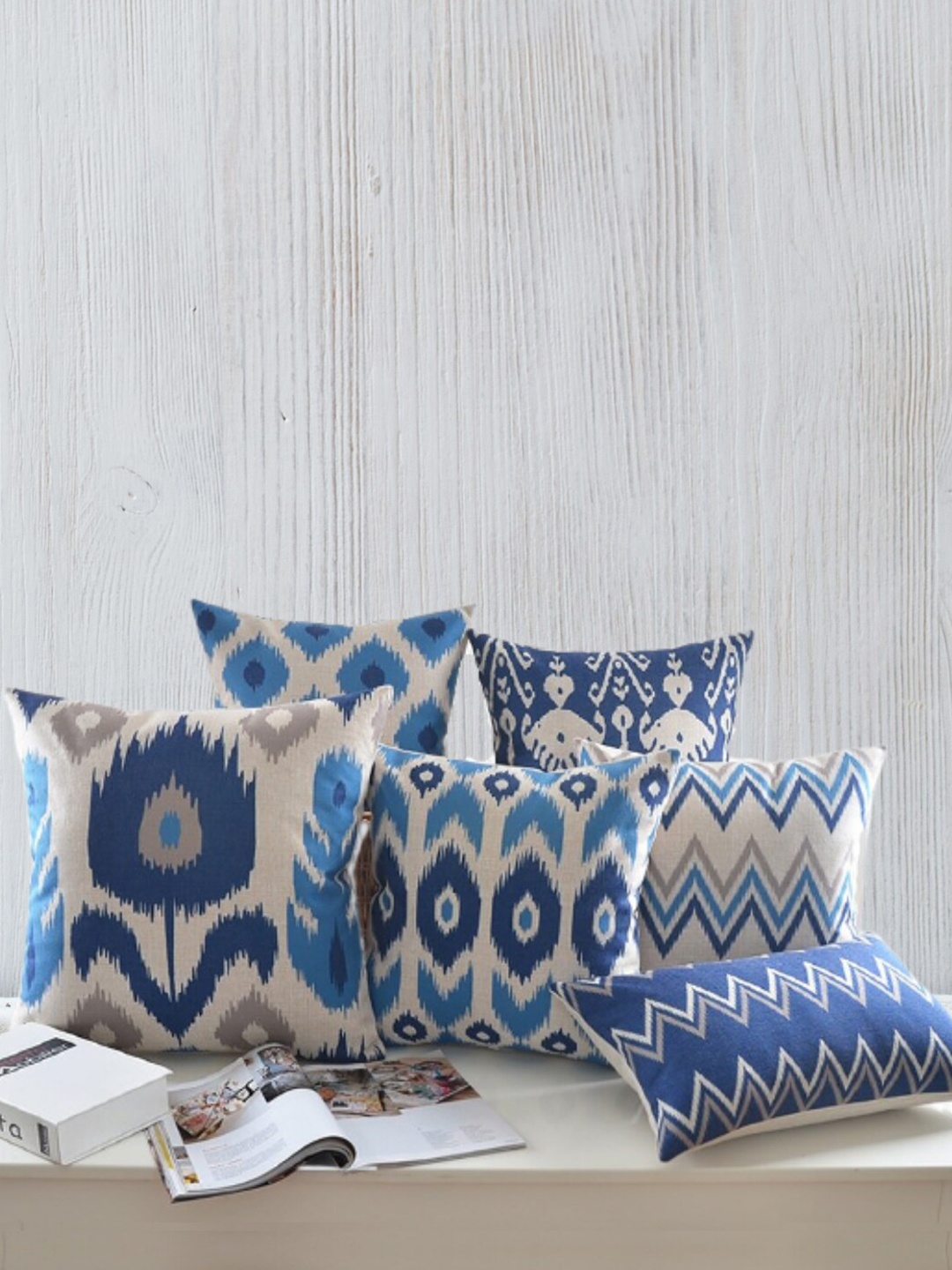 

MODERN HOMES Indigo Blue Set Of 6 Ikat Print Cotton Cushion Covers and Sham set
