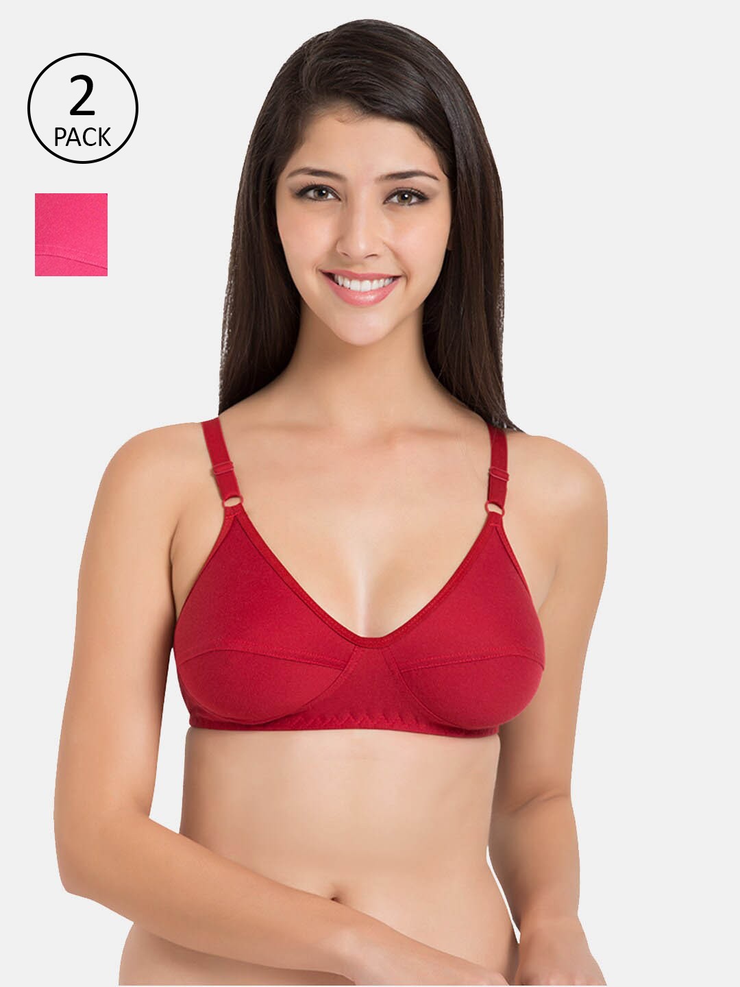 

KOMLI Pack of 2 Red & Pink Solid Non Wired Full Coverage Everyday Bra K-9315-RD-2PC-DPK
