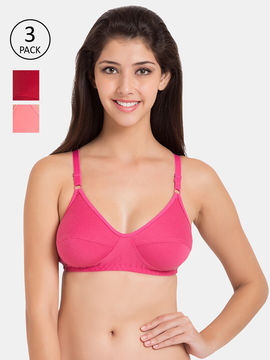 

KOMLI Pack of 3 Pink & Red Cotton Everyday Bra