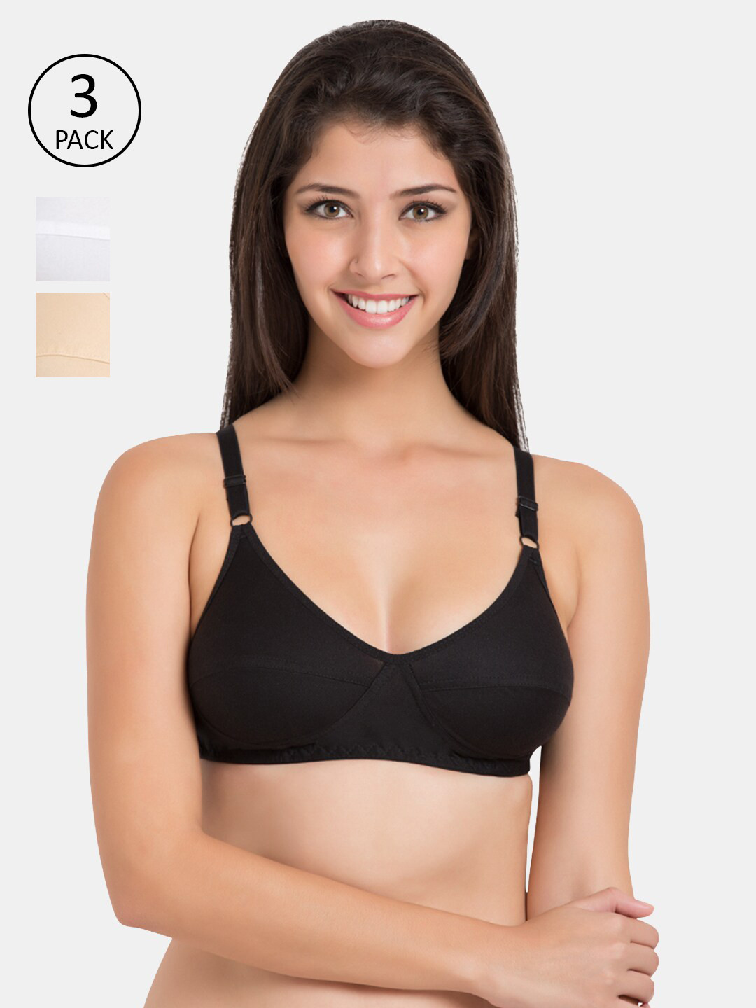 

KOMLI Pack Of 3 Multicoloured Everyday Bras K-9315-3PC-BLK-WH-SK, Multi