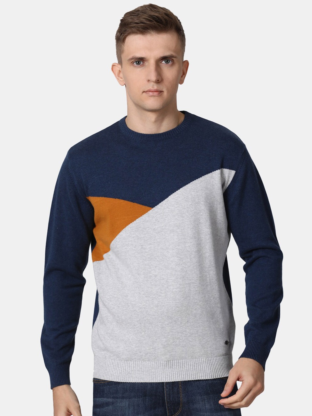 

t-base Men Navy Blue & Grey Colourblocked Cotton Pullover