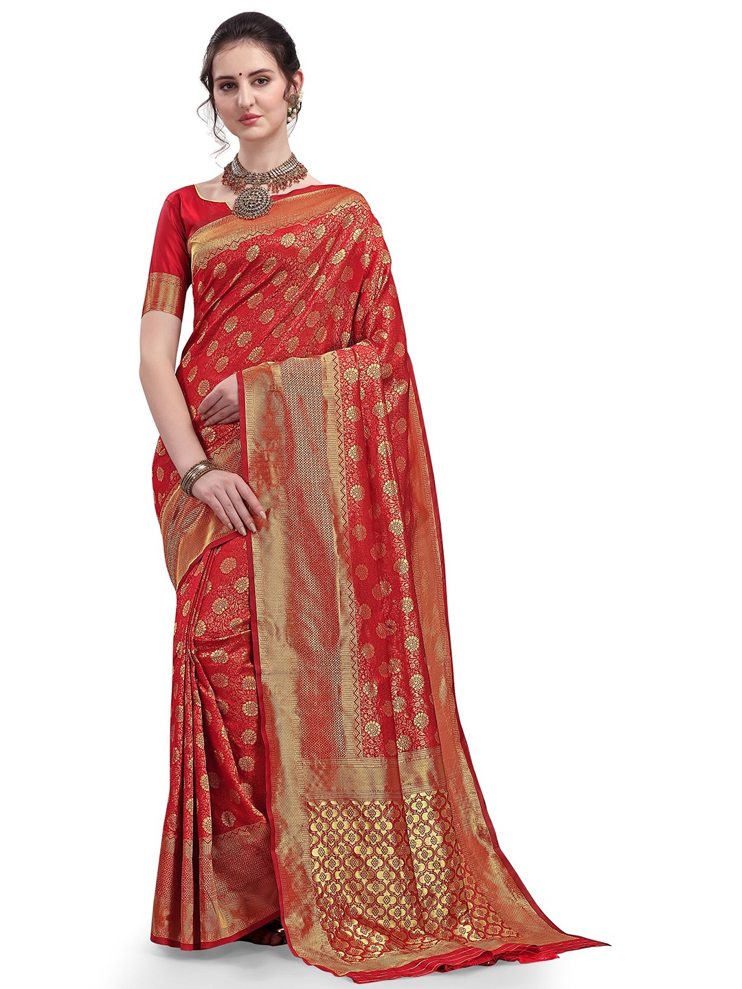 

Mitera Red & Gold-Toned Ethnic Motifs Zari Silk Blend Kanjeevaram Saree