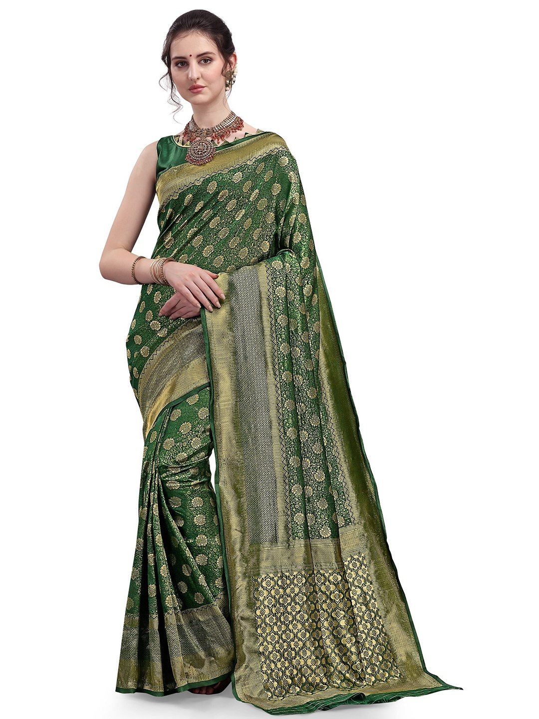 

Mitera Green & Gold-Toned Ethnic Motifs Zari Silk Blend Kanjeevaram Saree