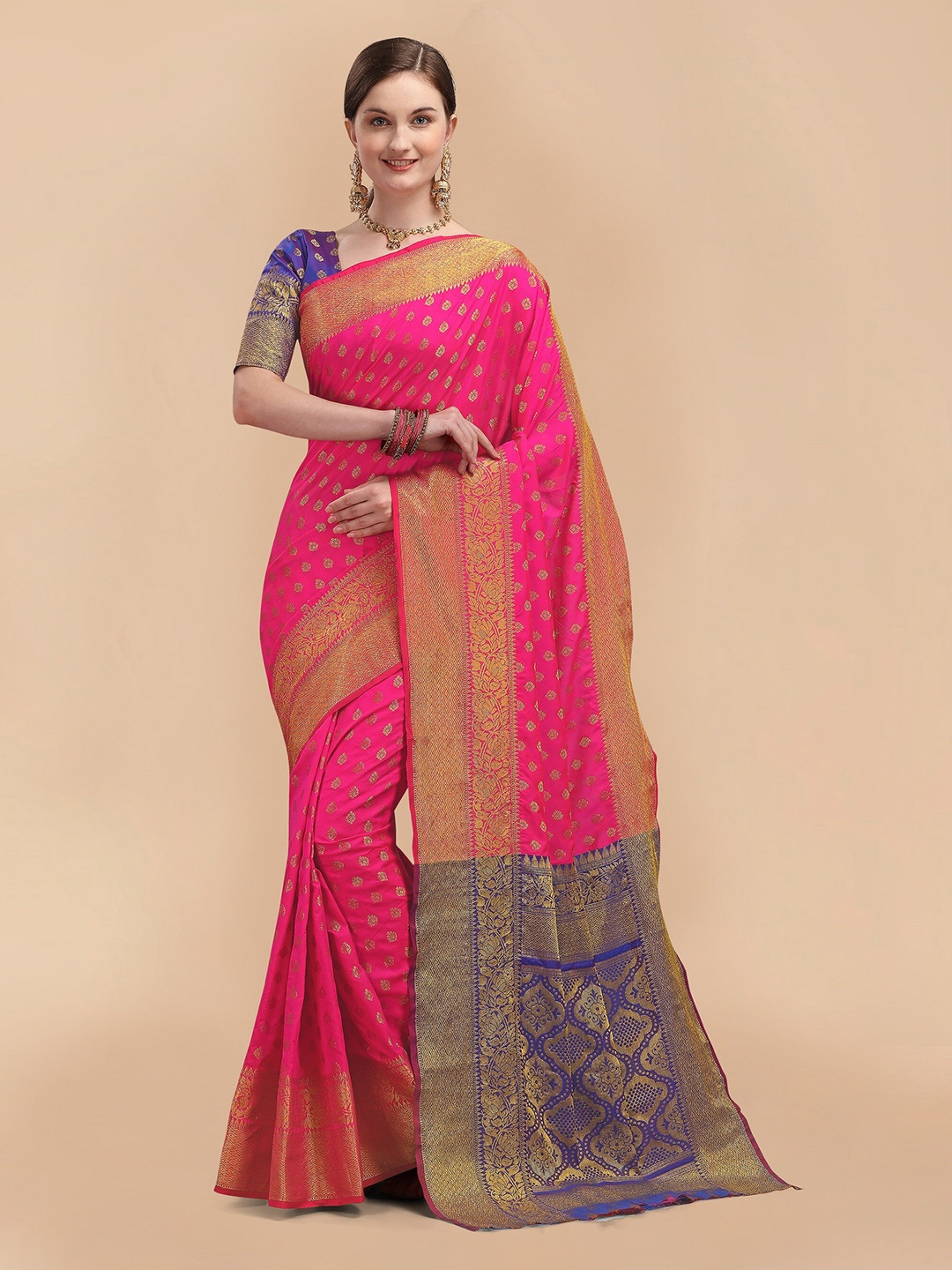 

Mitera Fuchsia & Navy Blue Ethnic Motifs Zari Silk Blend Banarasi Saree