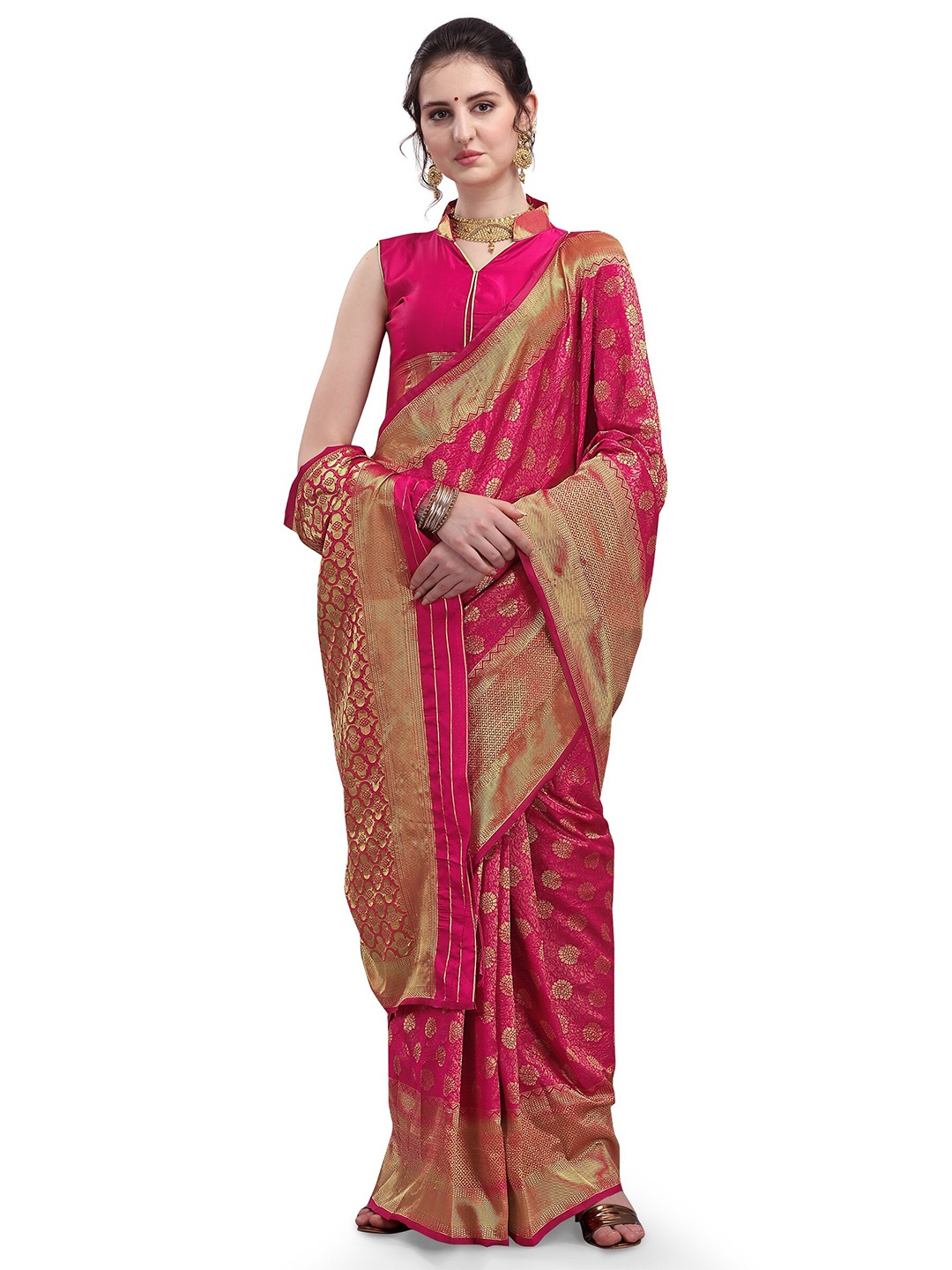 

Mitera Pink & Gold-Toned Ethnic Motifs Zari Silk Blend Kanjeevaram Saree