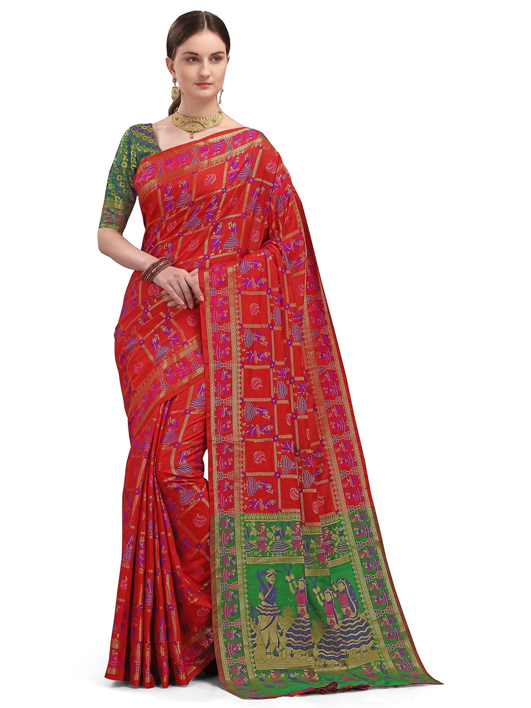 

Mitera Red & Green Ethnic Motifs Silk Blend Patola Saree