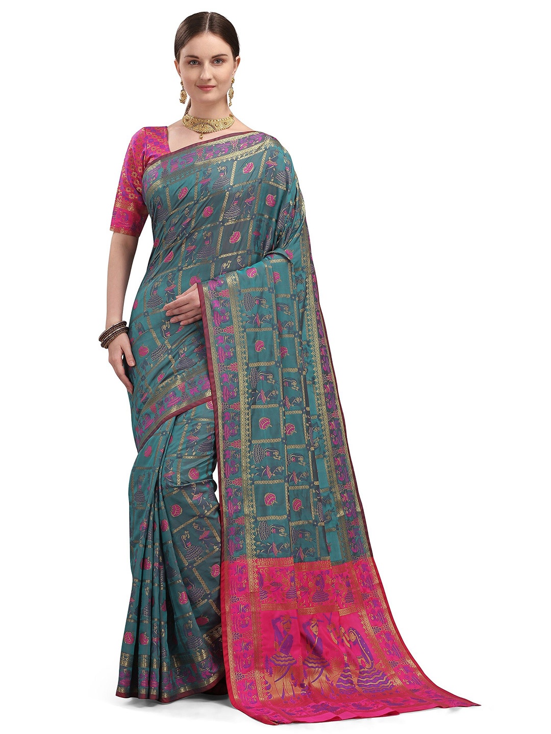 

Mitera Green & Pink Ethnic Motifs Silk Blend Patola Saree
