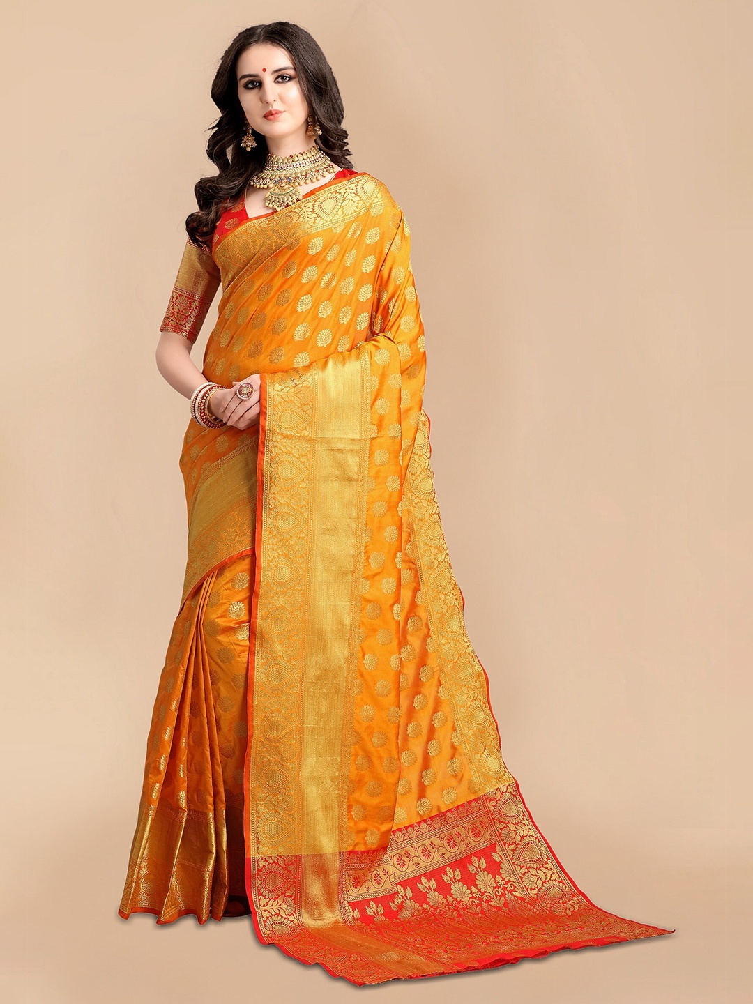 

Mitera Yellow & Red Ethnic Motifs Zari Silk Blend Fusion Banarasi Saree