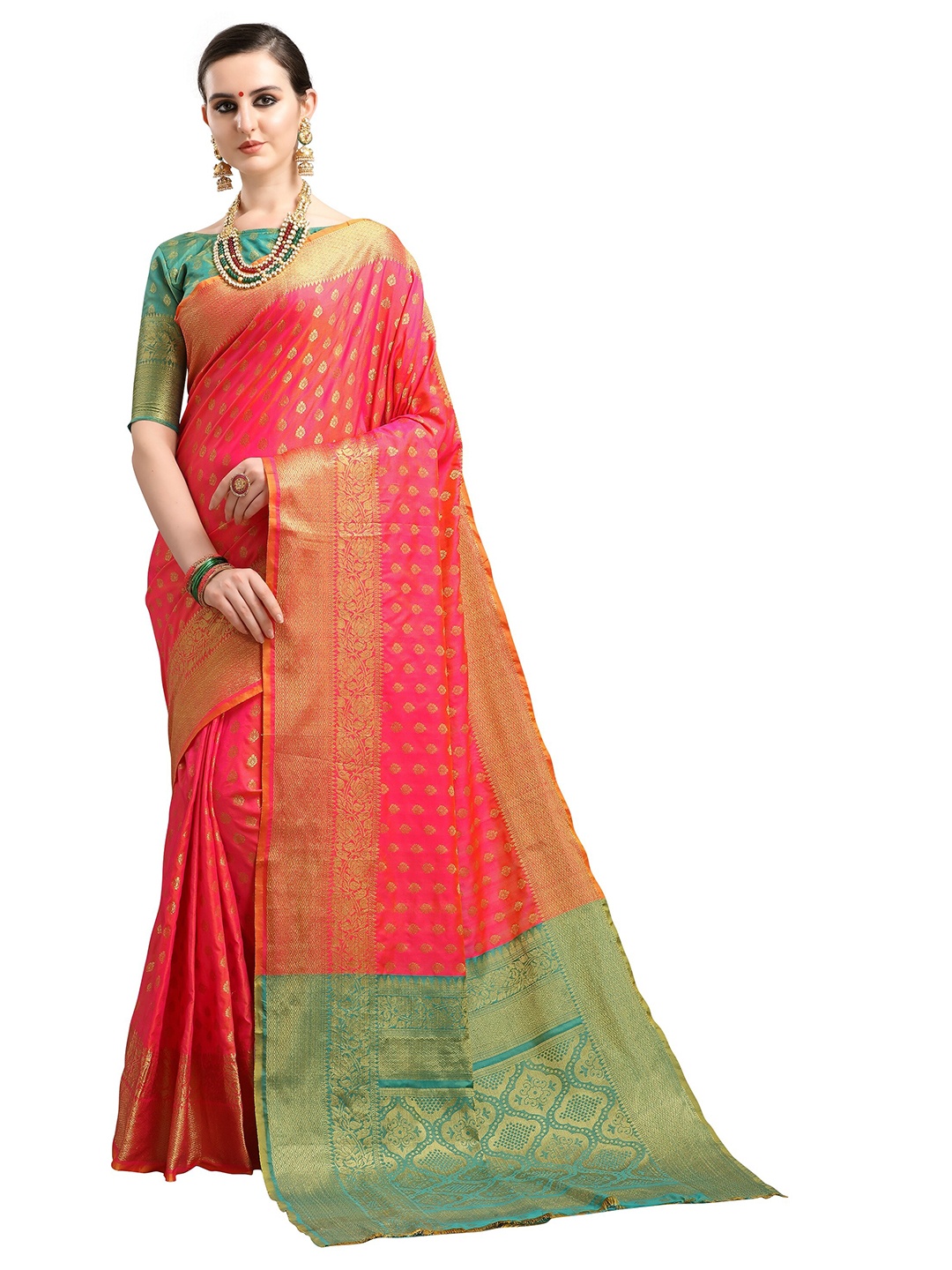 

Mitera Pink & Green Ethnic Motifs Zari Silk Blend Fusion Banarasi Saree