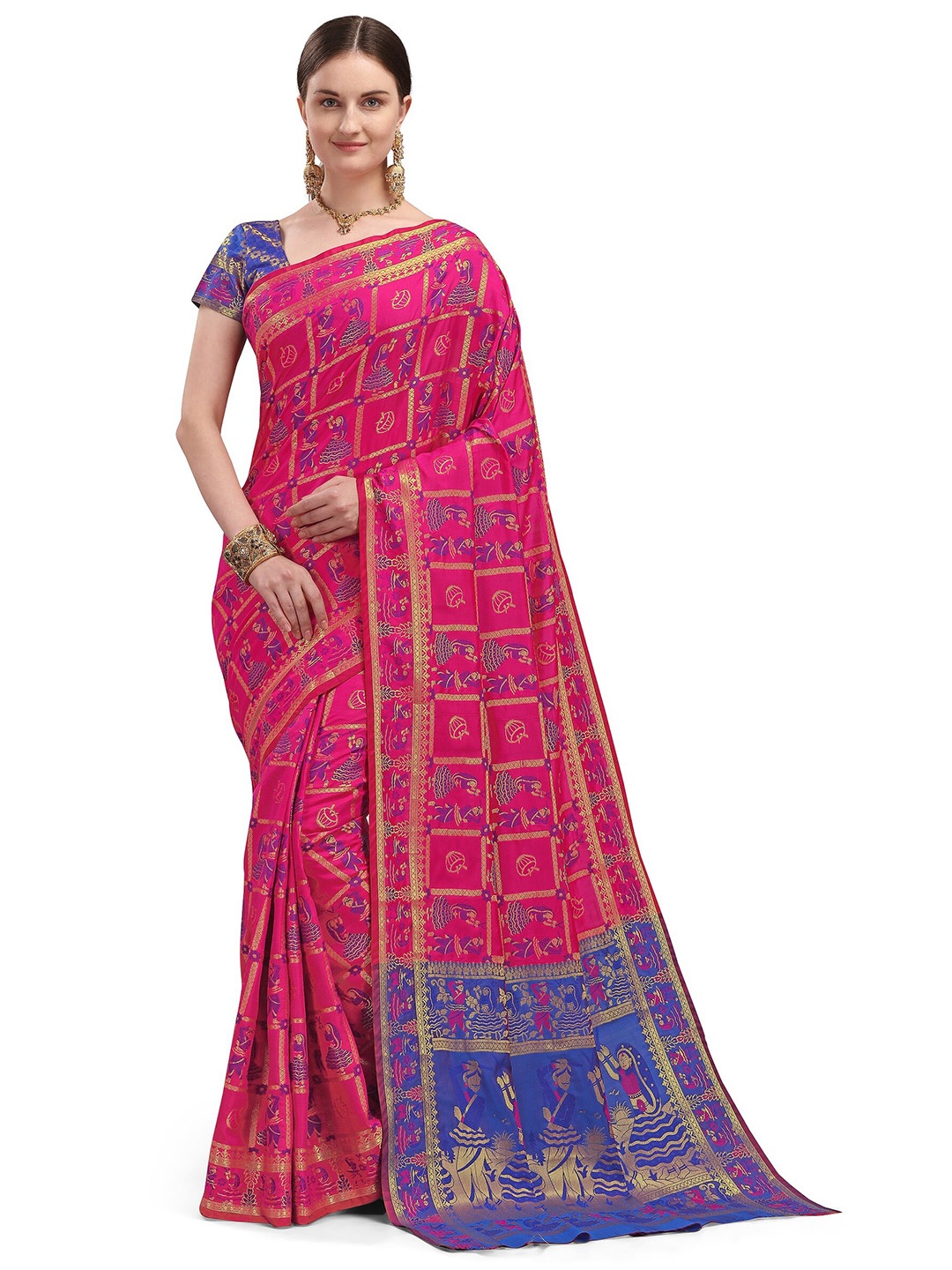 

Mitera Pink & Blue Ethnic Motifs Silk Blend Patola Saree