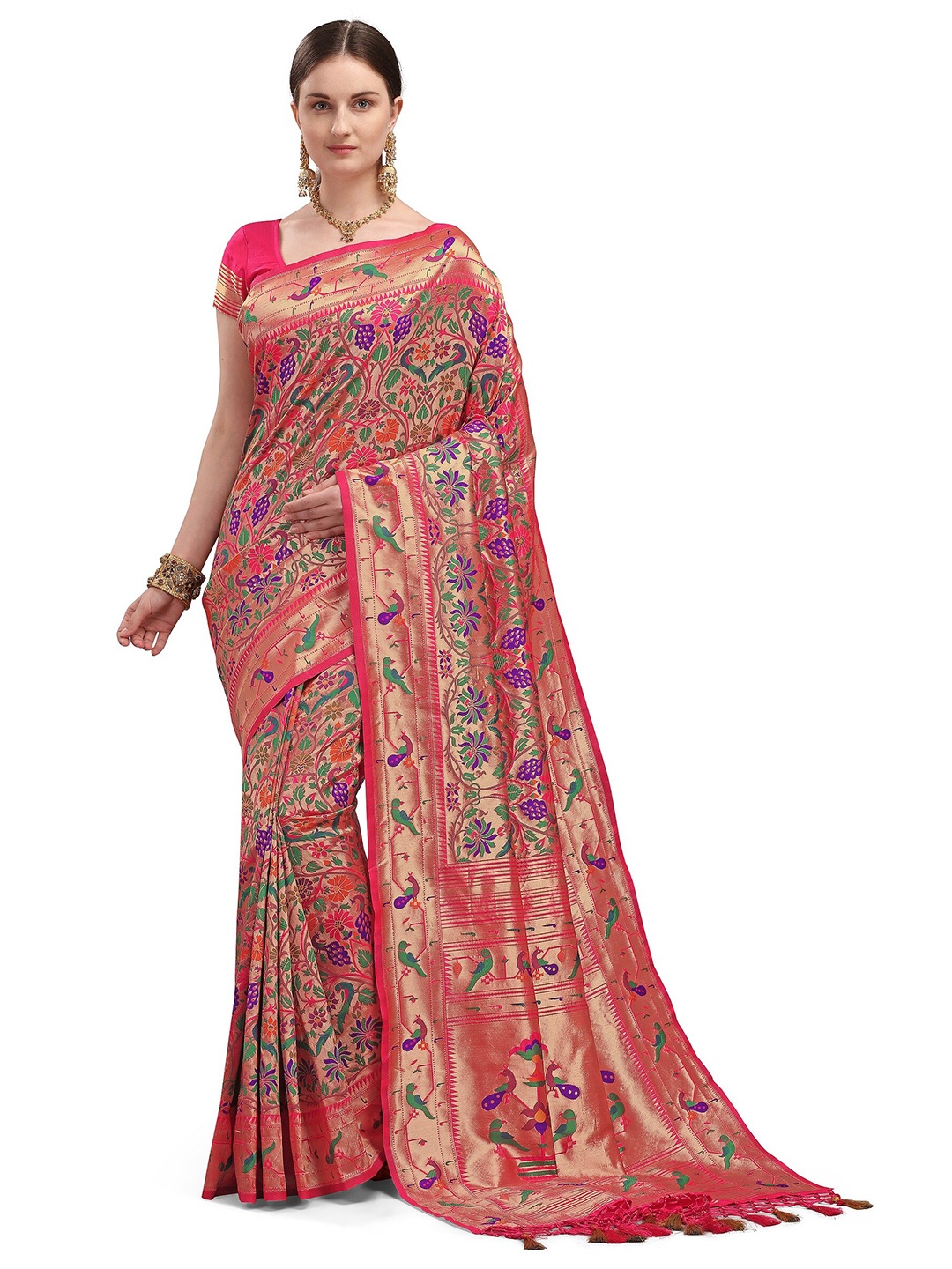 

Mitera Pink & Gold-Toned Ethnic Motifs Silk Blend Paithani Saree