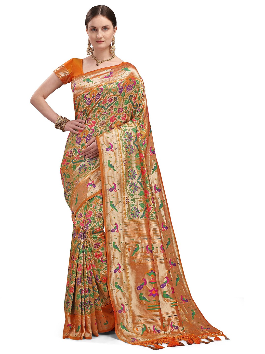 

Mitera Yellow & Gold-Toned Ethnic Motifs Silk Blend Paithani Saree