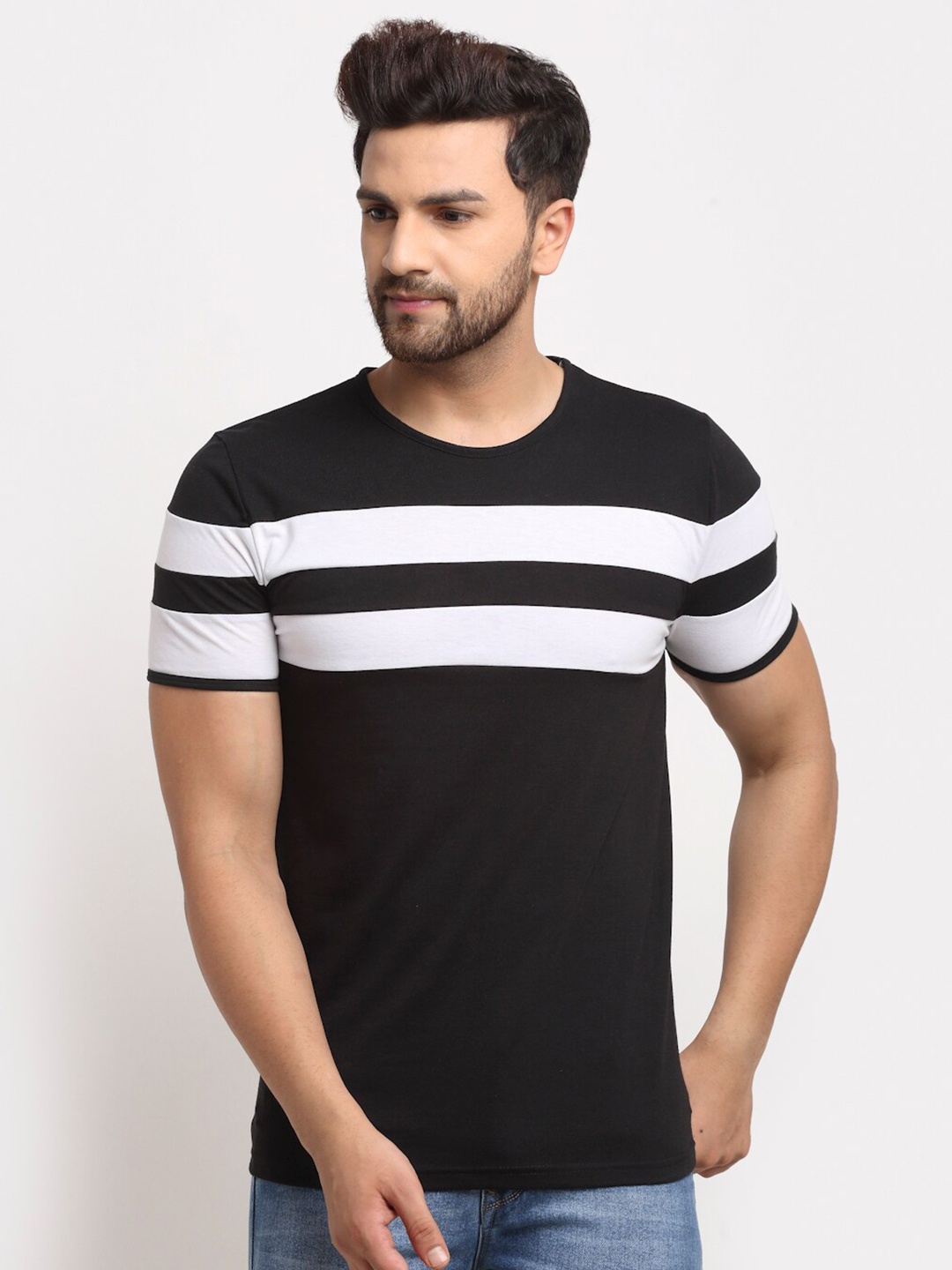 

MACK JONNEY Men Black & White Striped T-shirt