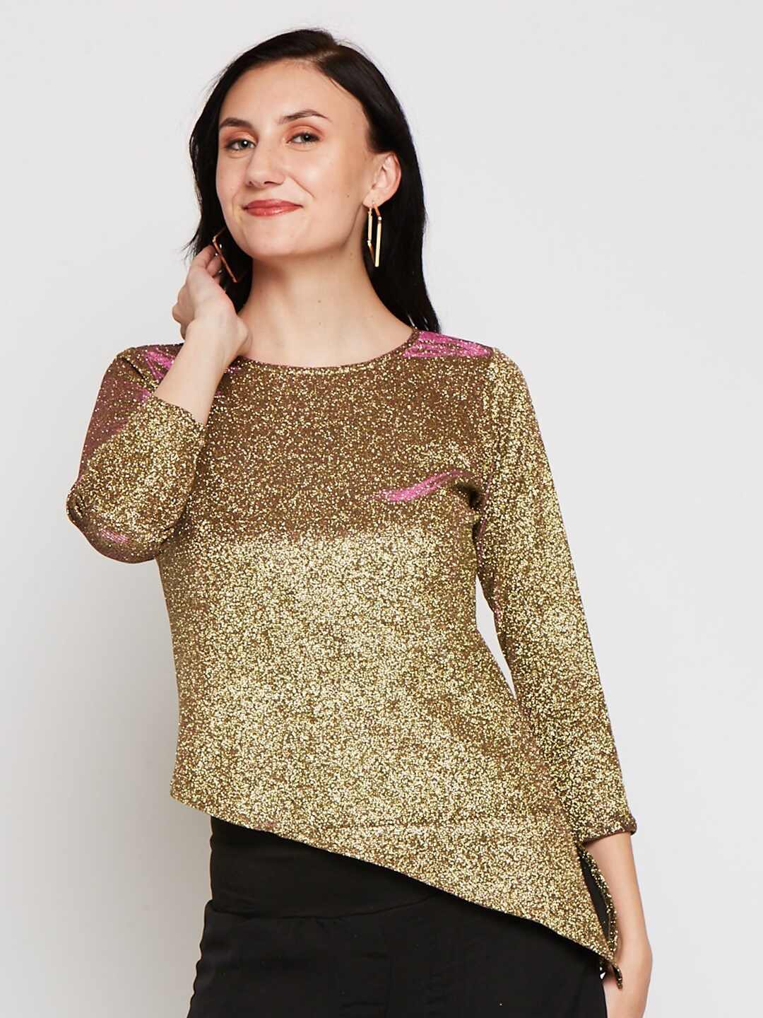 

Ira Soleil Gold-Toned Shimmer Cross Hemline Regular Top