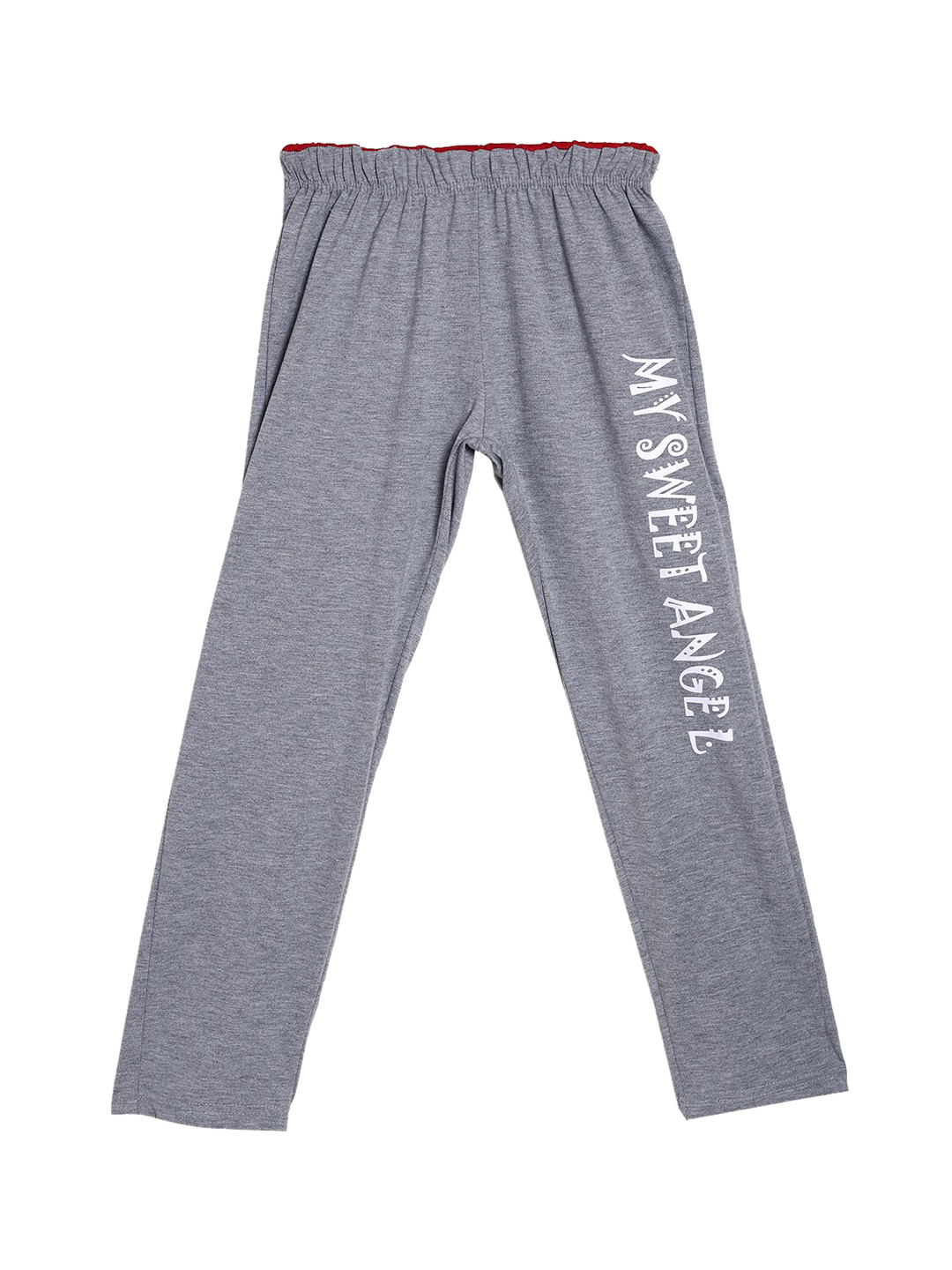 

SWEET ANGEL Girls Grey Melange & White Printed Straight-Fit Pure Cotton Track Pants