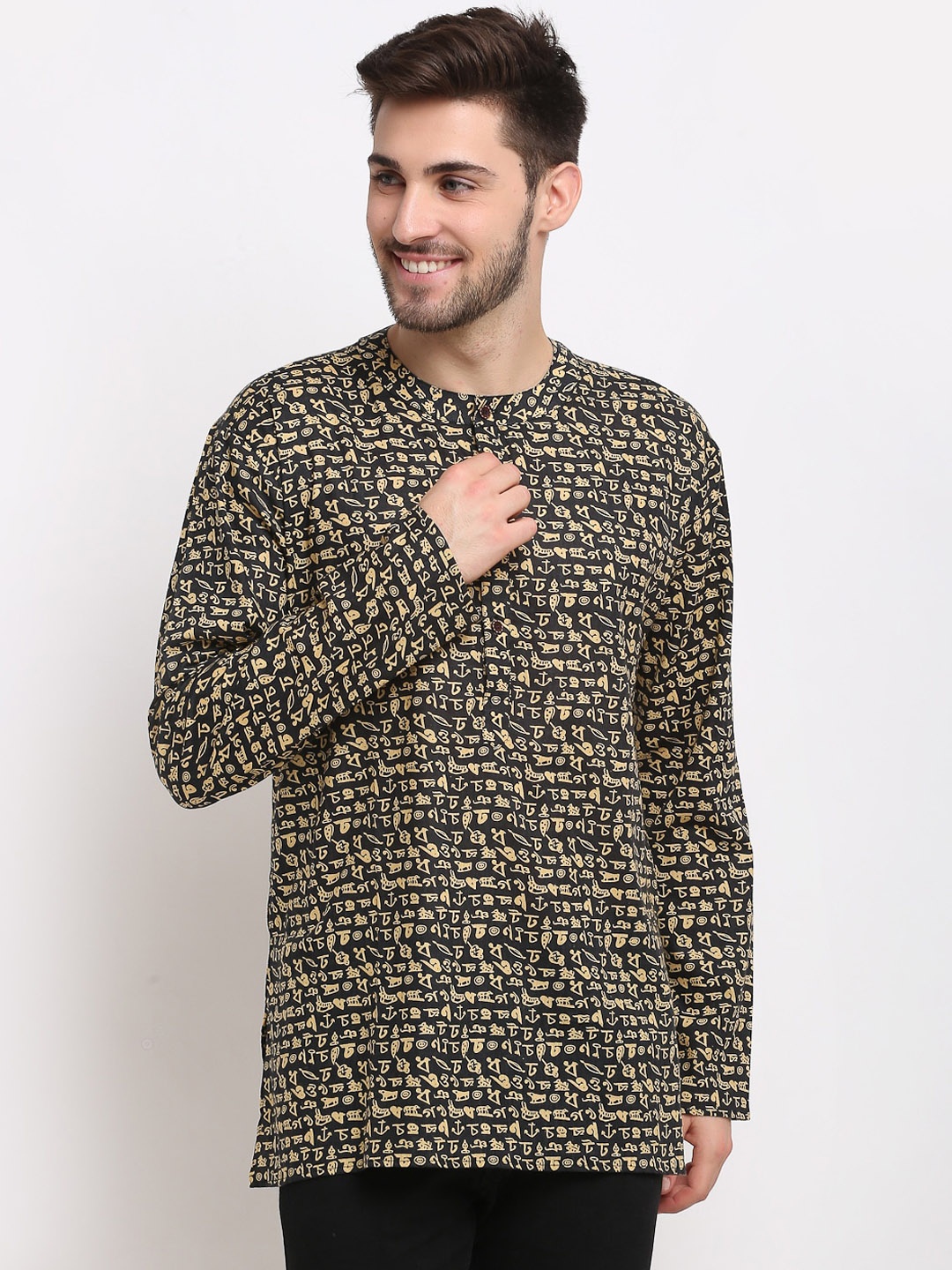 

Jompers Men Black & Beige Printed Kurta