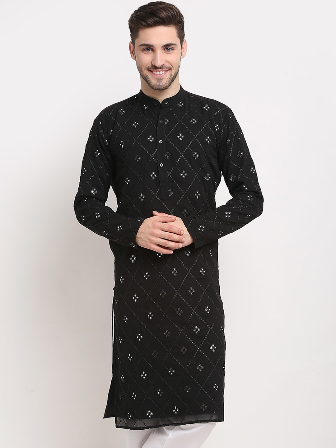 

Jompers Men Black & White Geometric Embroidered Kurta