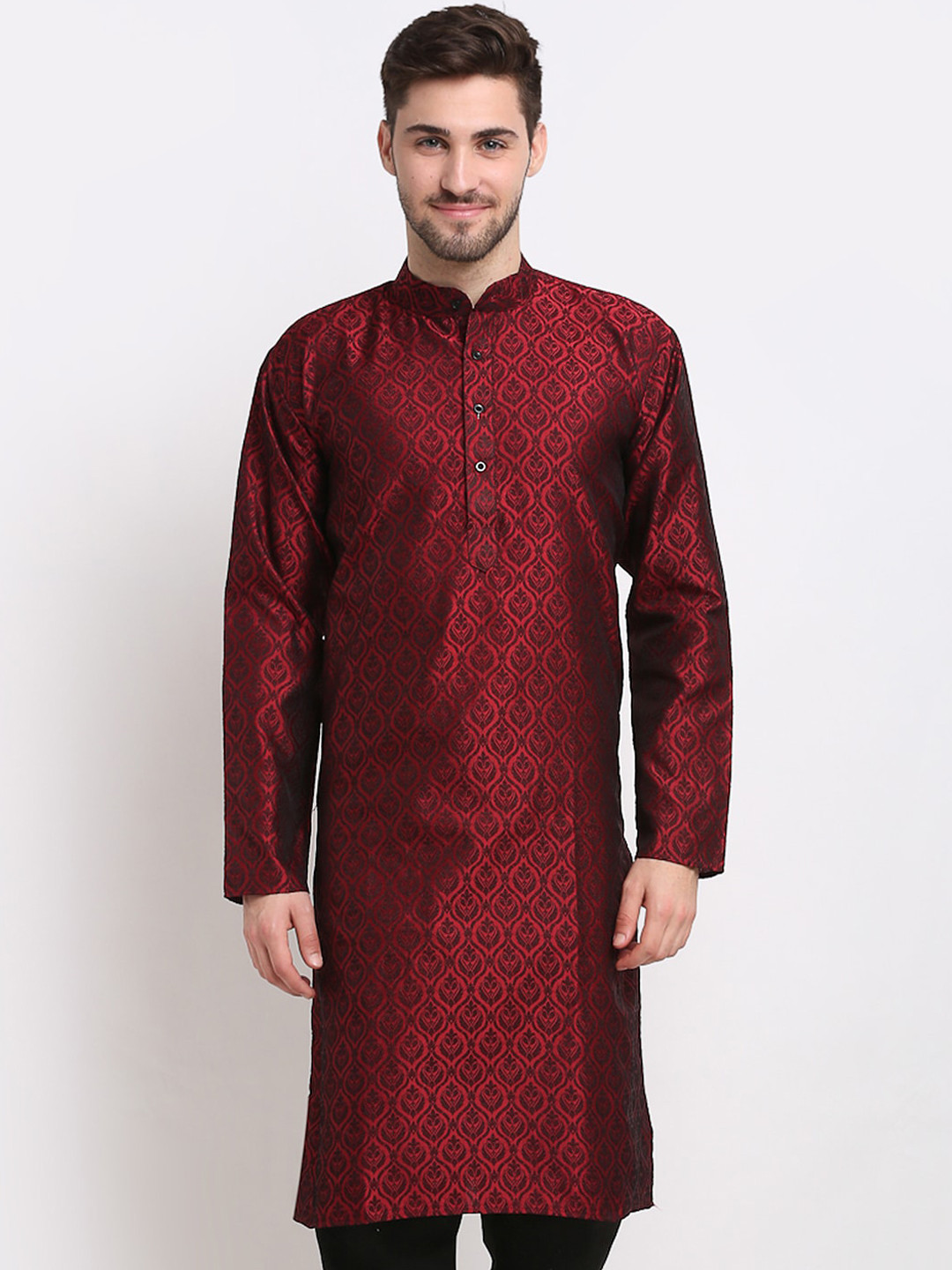 

Jompers Men Maroon Woven Design Jacquard Straight Kurta