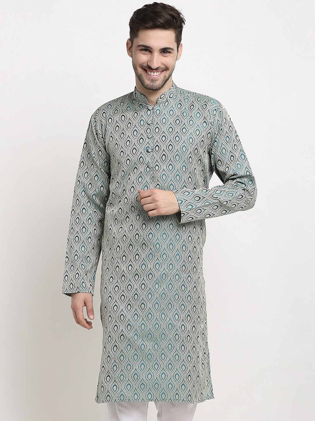 

Jompers Men Green Woven Design Jacquard Kurta
