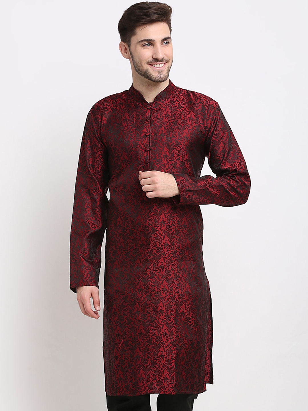

Jompers Men Maroon & Black Ethnic Motifs Jacquard Kurta