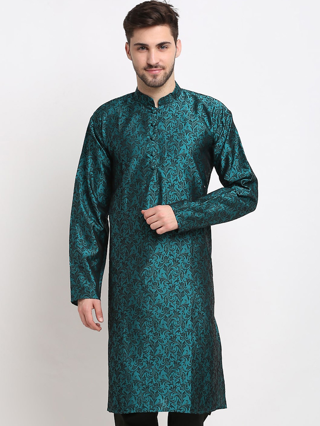 

Jompers Men Green Woven Design Jacquard Straight Kurta