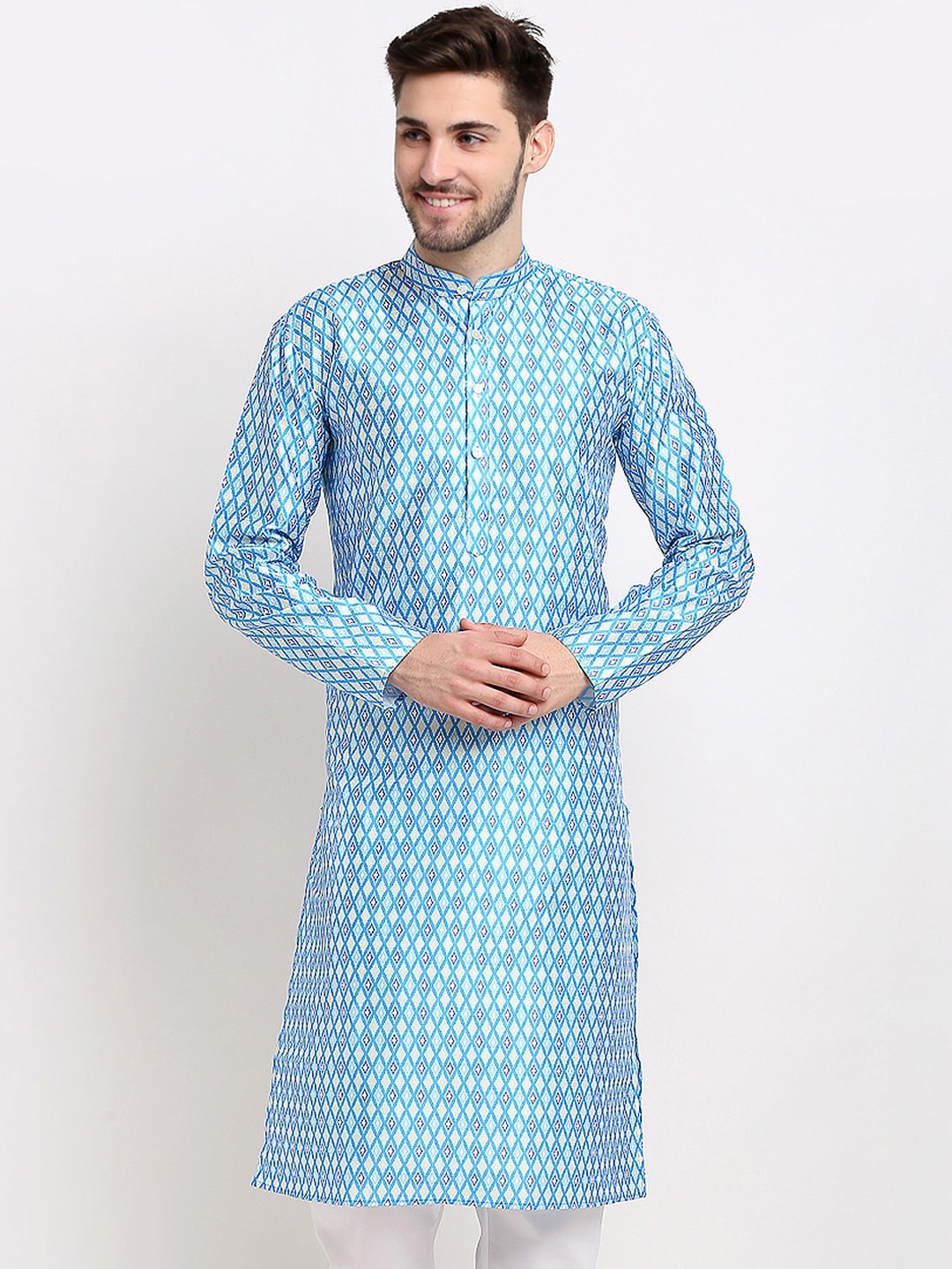 

Jompers Men Turquoise Blue Geometric Printed Straight Kurta