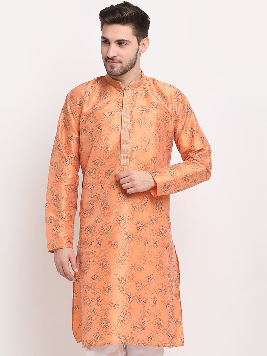 

Jompers Men Orange & Purple Ethnic Motifs Printed Thread Work Kurta