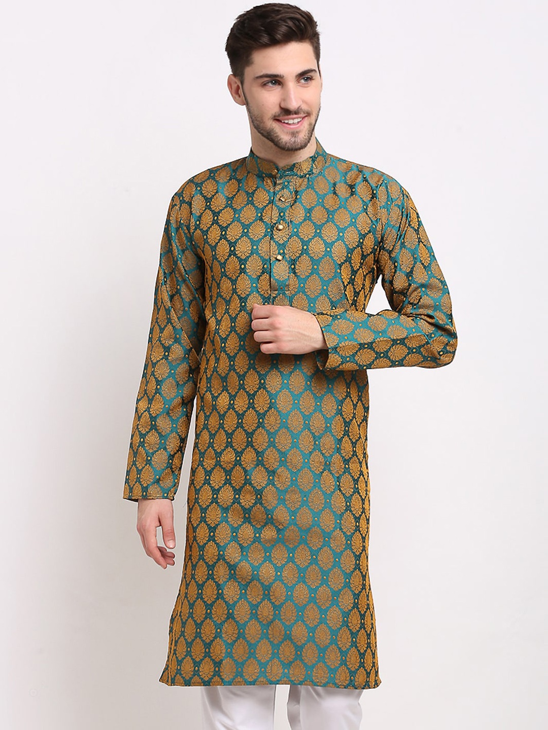 

Jompers Men Green Jacquard Woven Design Kurtas