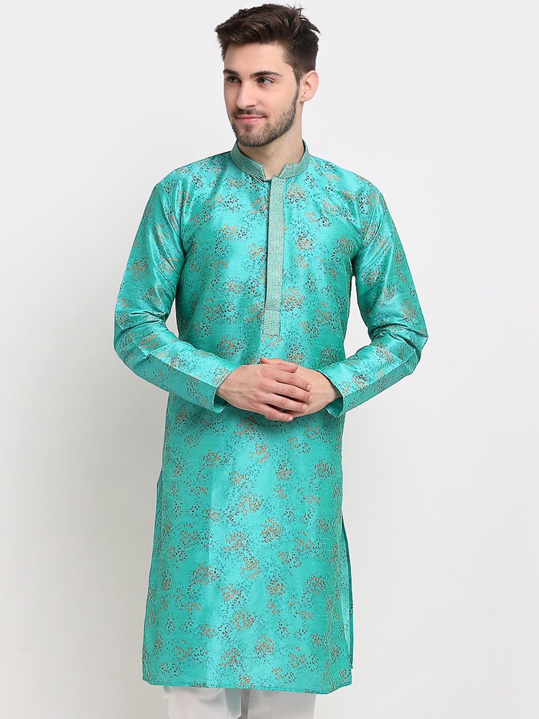 

Jompers Men Green & Gold-Toned Printed Ethnic Motifs Kurta