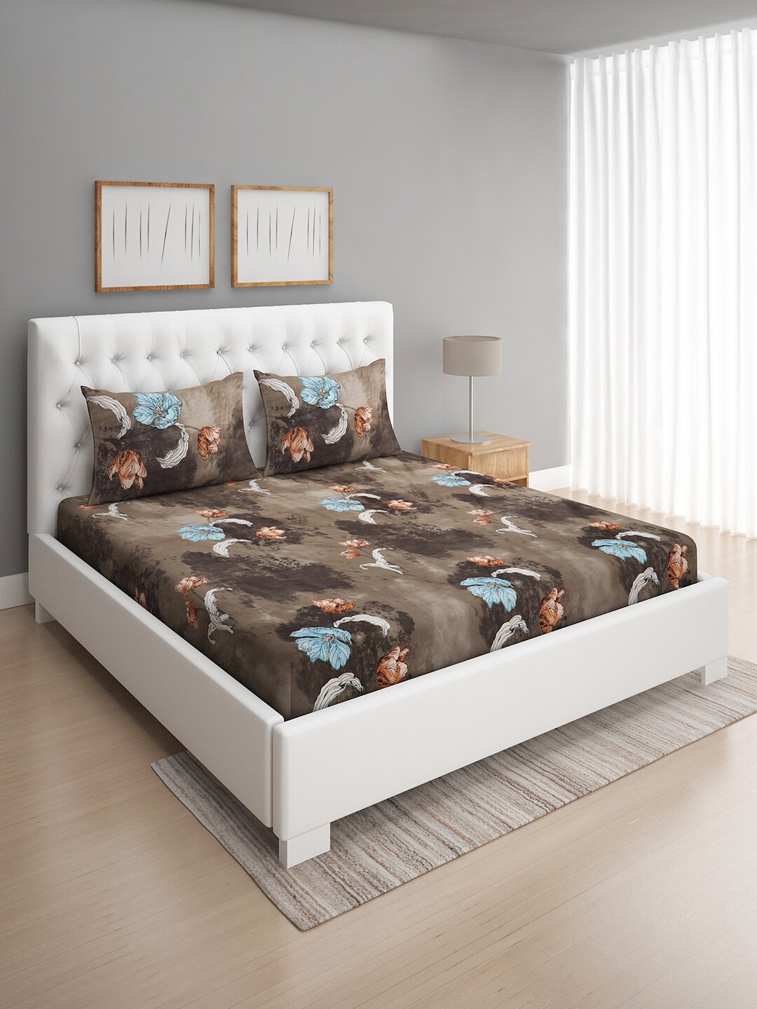 

ROMEE Floral Print 144 TC Microfiber Queen Bedsheet With 2 Pillow Covers, Brown