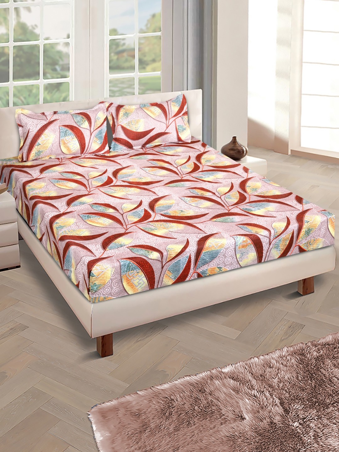 

ROMEE Beige Leafy 144 TC Microfiber Queen Bedsheet with 2 Pillow Covers