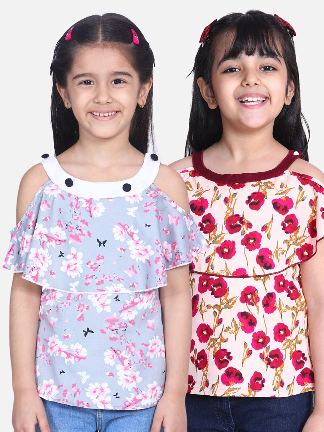 

Cutiekins Pack-2 Girls Grey& Cream Floral Crepe Regular Top