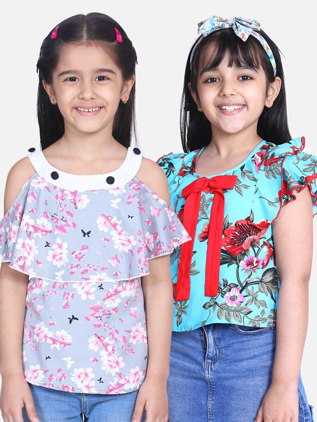 

Cutiekins Pack-2 Girls Grey& Blue Floral Crepe Regular Top