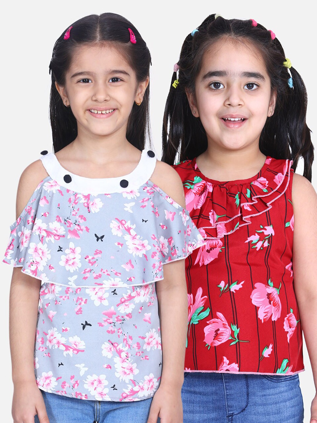 

Cutiekins Pack of 2 Floral Printed Crepe Regular Top, Grey