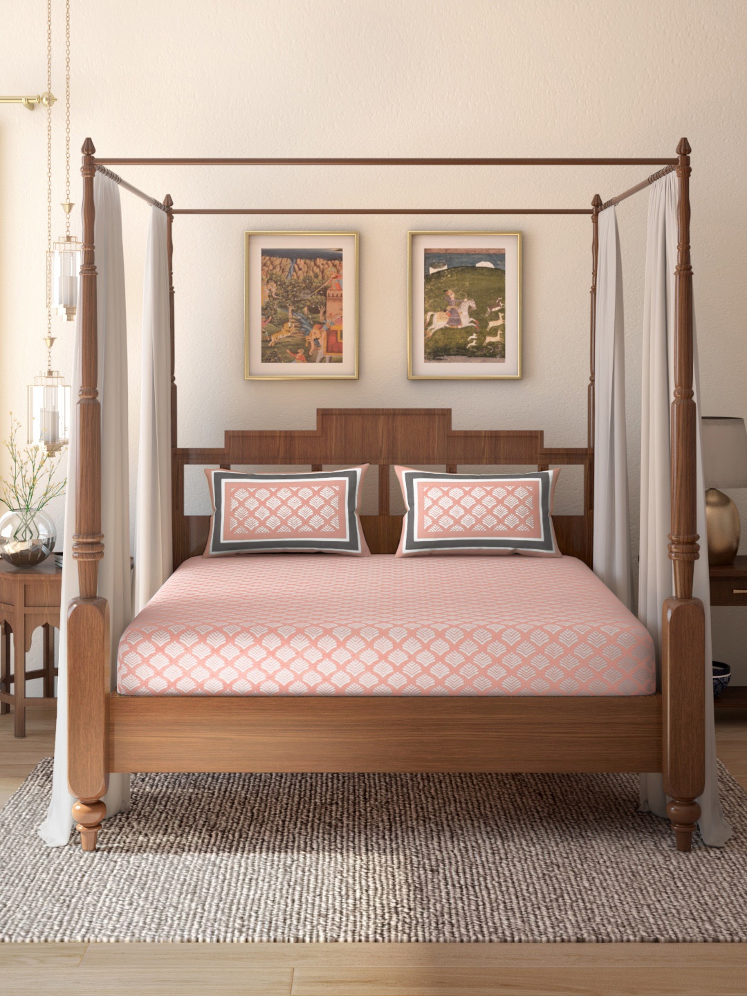 

House of Pataudi Peach Printed 144 TC 160 GSM Cotton King Rozana Bedsheet & 2 Pillow Cover