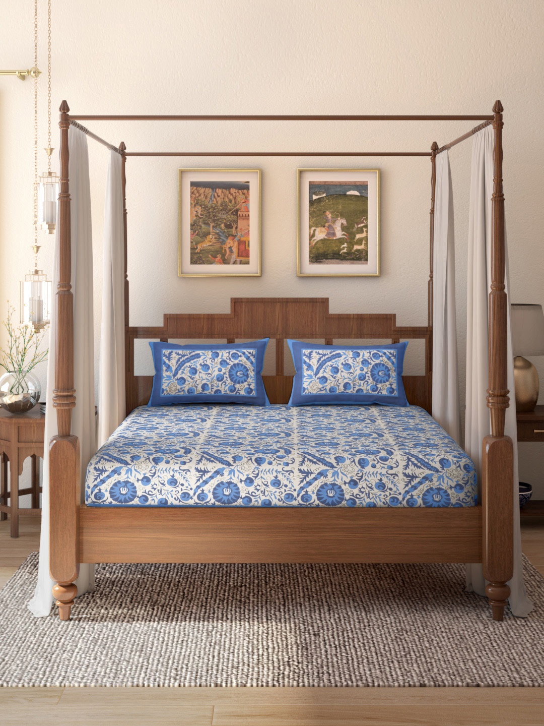 

House of Pataudi White Printed 144 TC 160 GSM Cotton King Rozana Bedsheet & 2 Pillow Cover