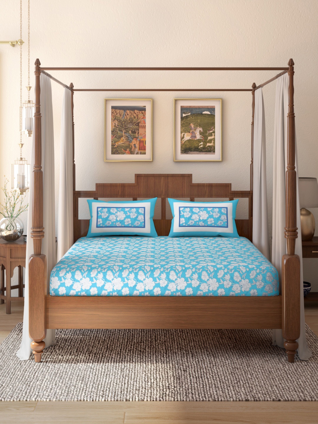 

House of Pataudi Blue & White 160 GSM Cotton King Rozana Bedsheet with 2 Pillow Covers