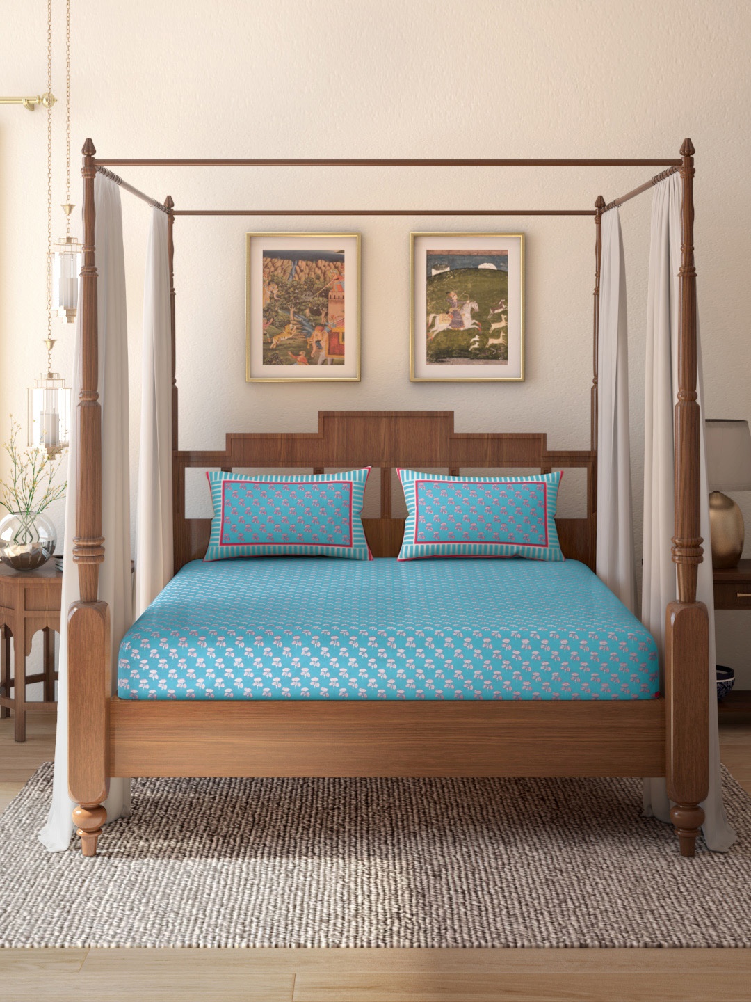 

House of Pataudi Blue Printed 144 TC 160 GSM Cotton King Rozana Bedsheet & 2 Pillow Cover